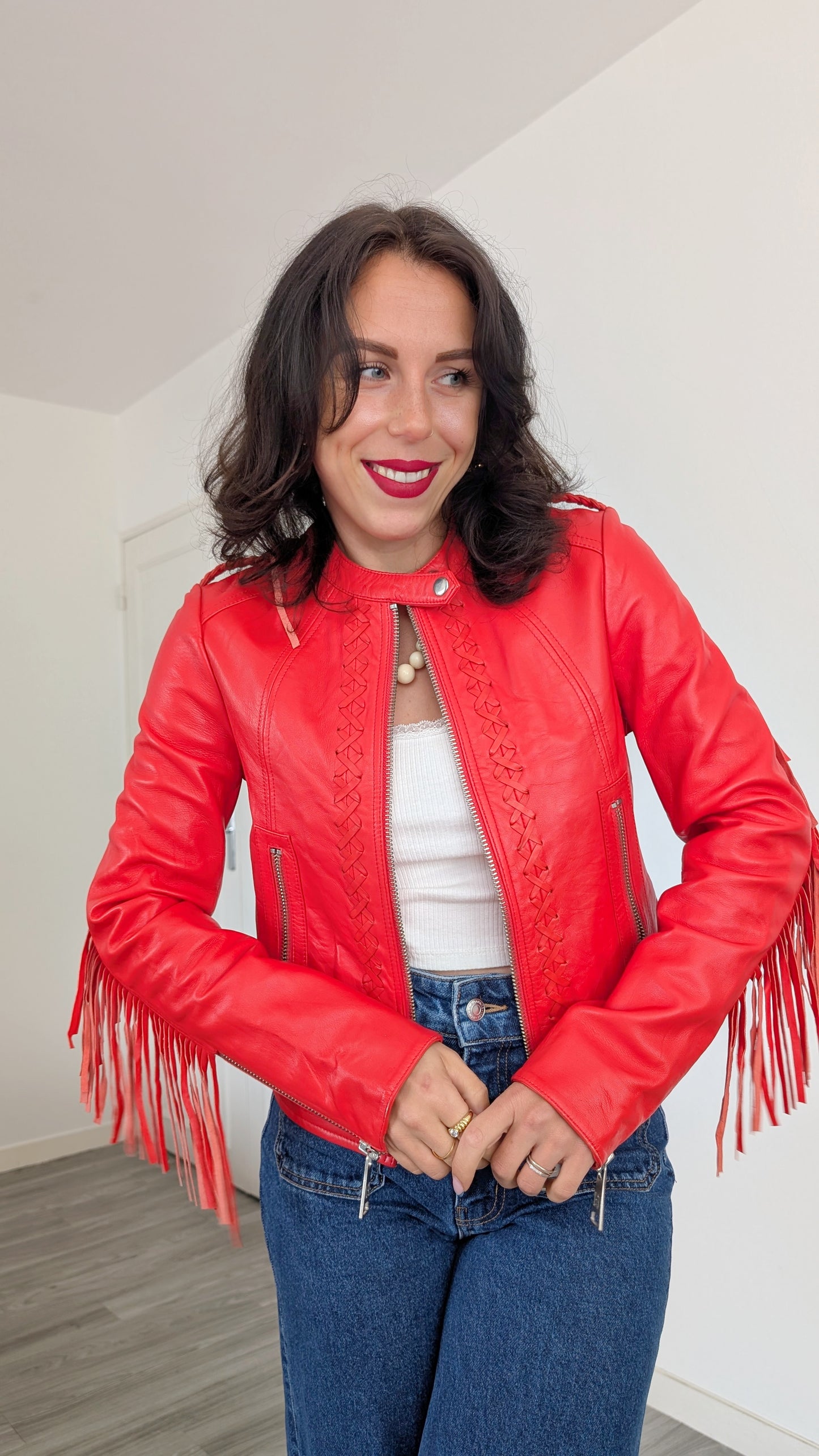 Blouson cuir à franges T34-36