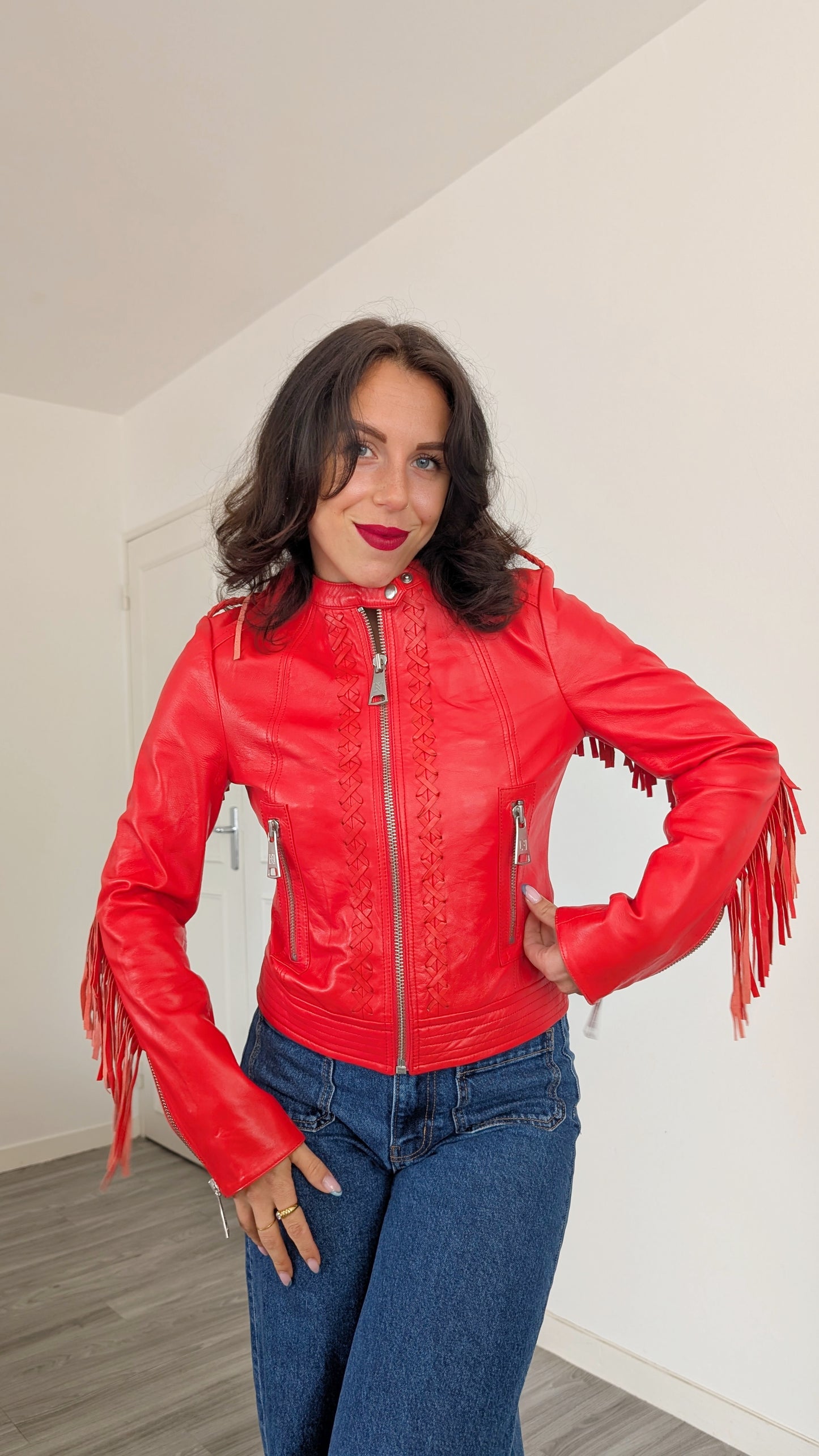 Blouson cuir à franges T34-36