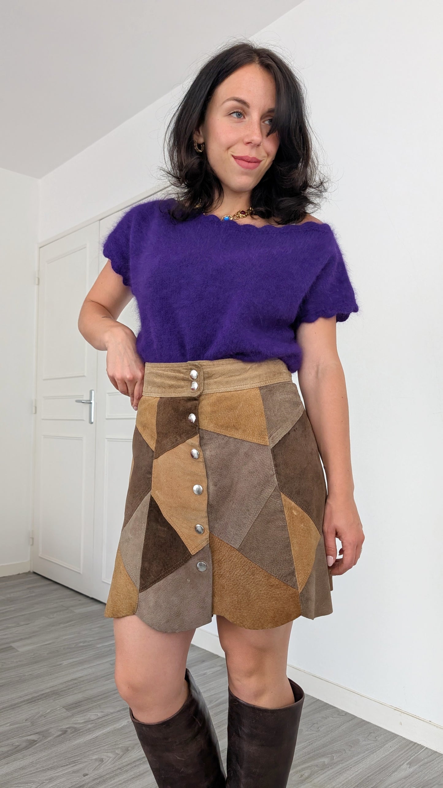 Jupe daim patchwork 70s T36