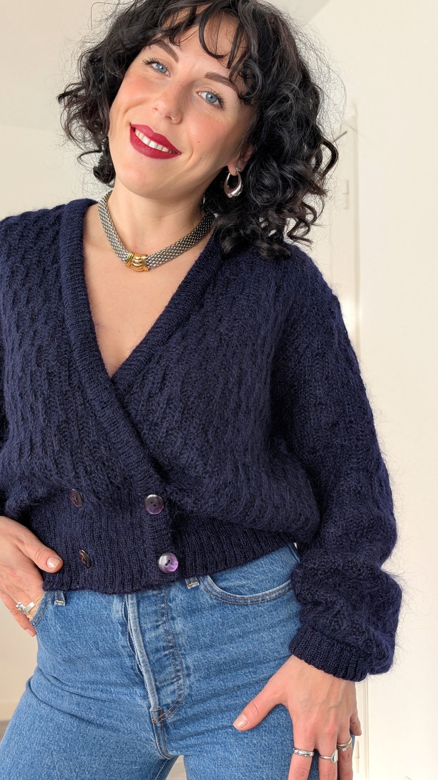 Cardigan laine et mohair fait main T40-42
