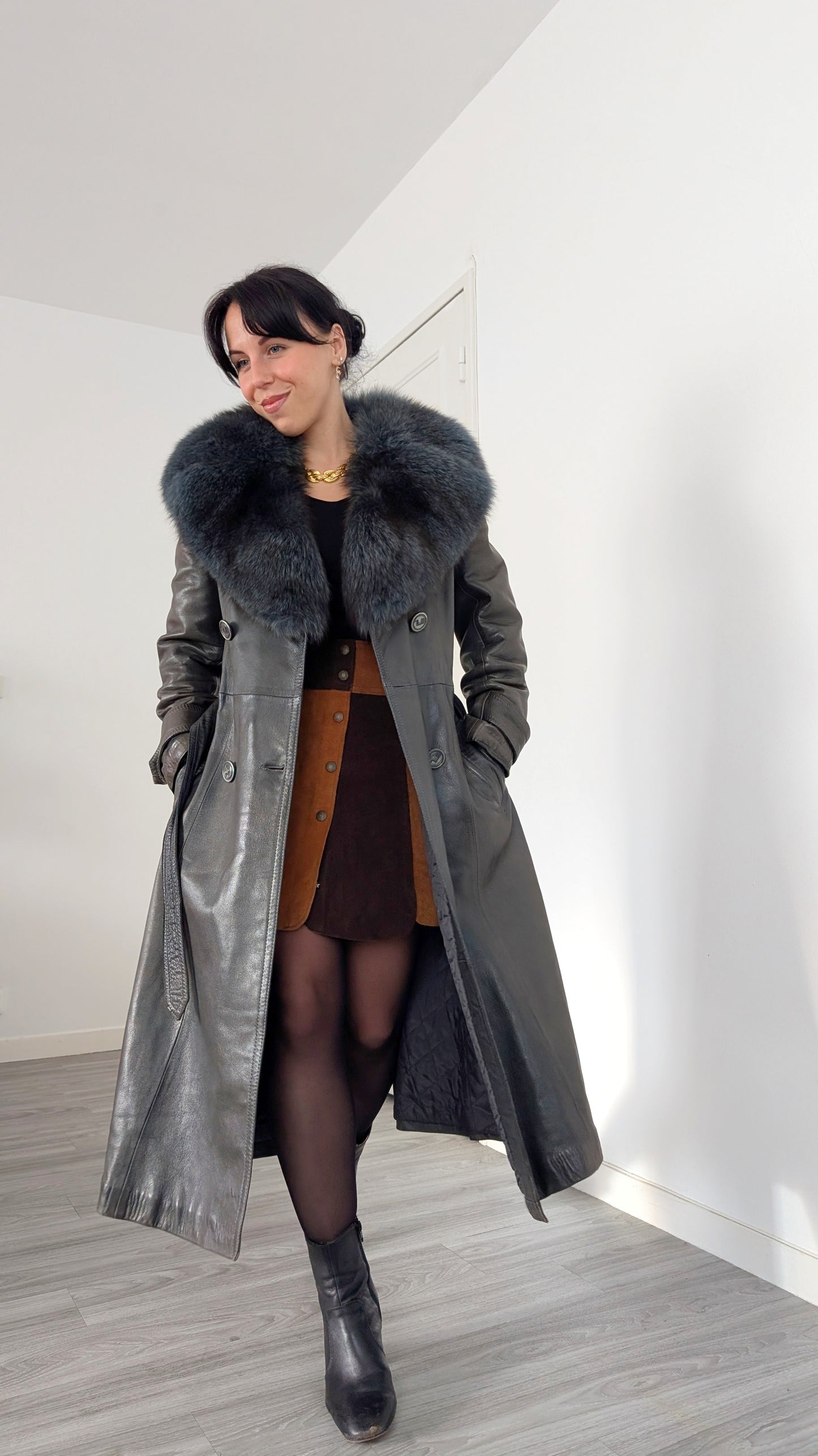 Trench cuir et fourrure 1970 rare T36-38