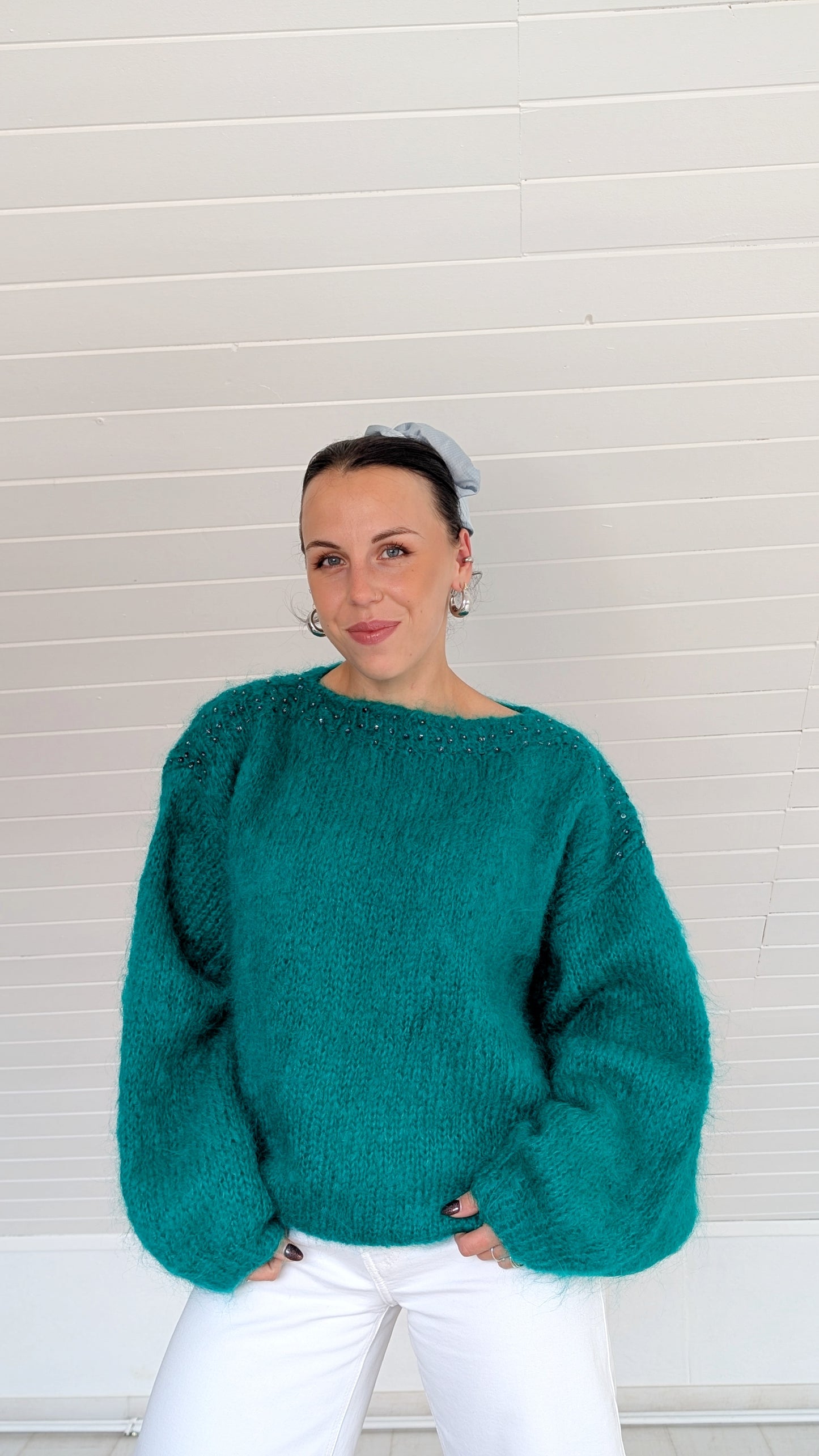 Pull laine et mohair tricoté main jusqu'à un 44