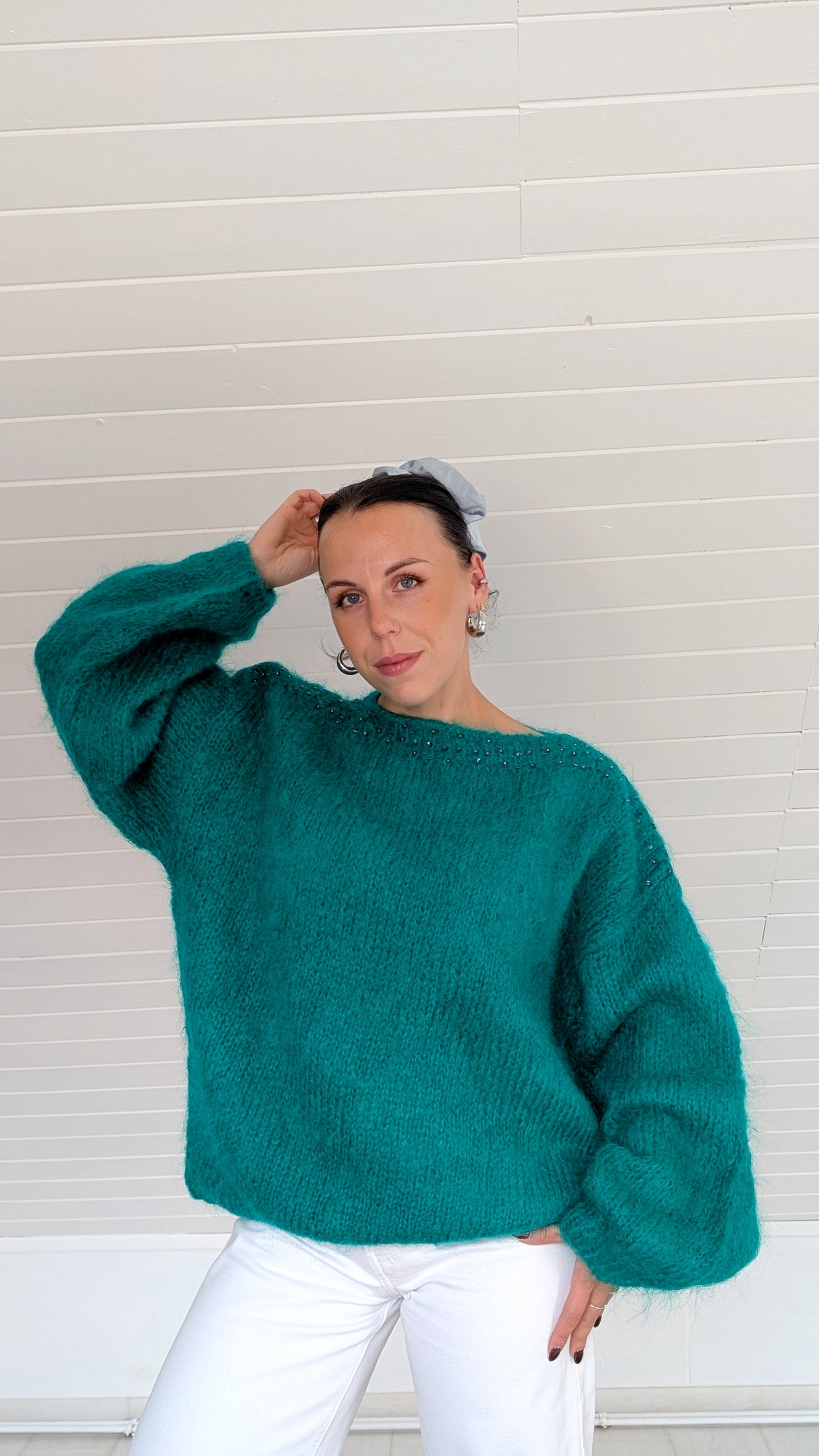Pull laine et mohair tricoté main jusqu'à un 44