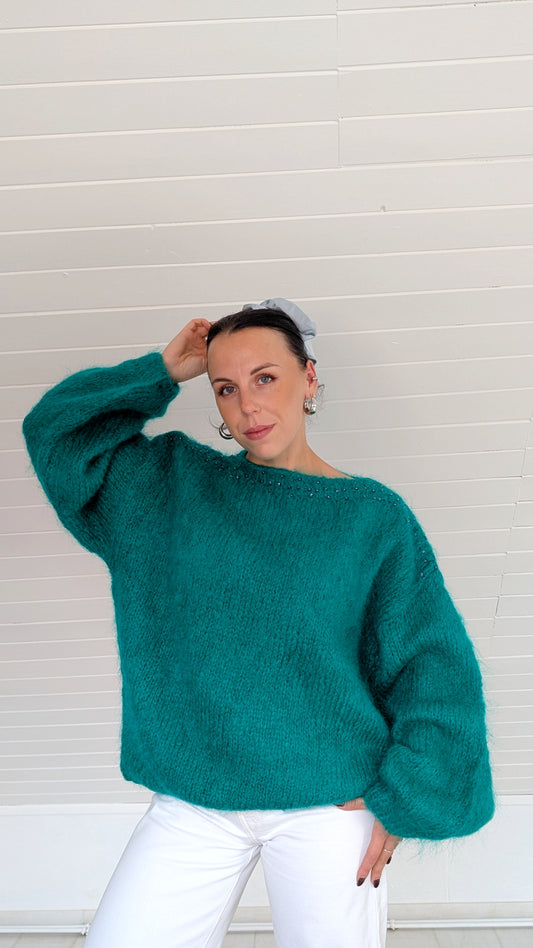 Pull laine et mohair tricoté main jusqu'à un 44