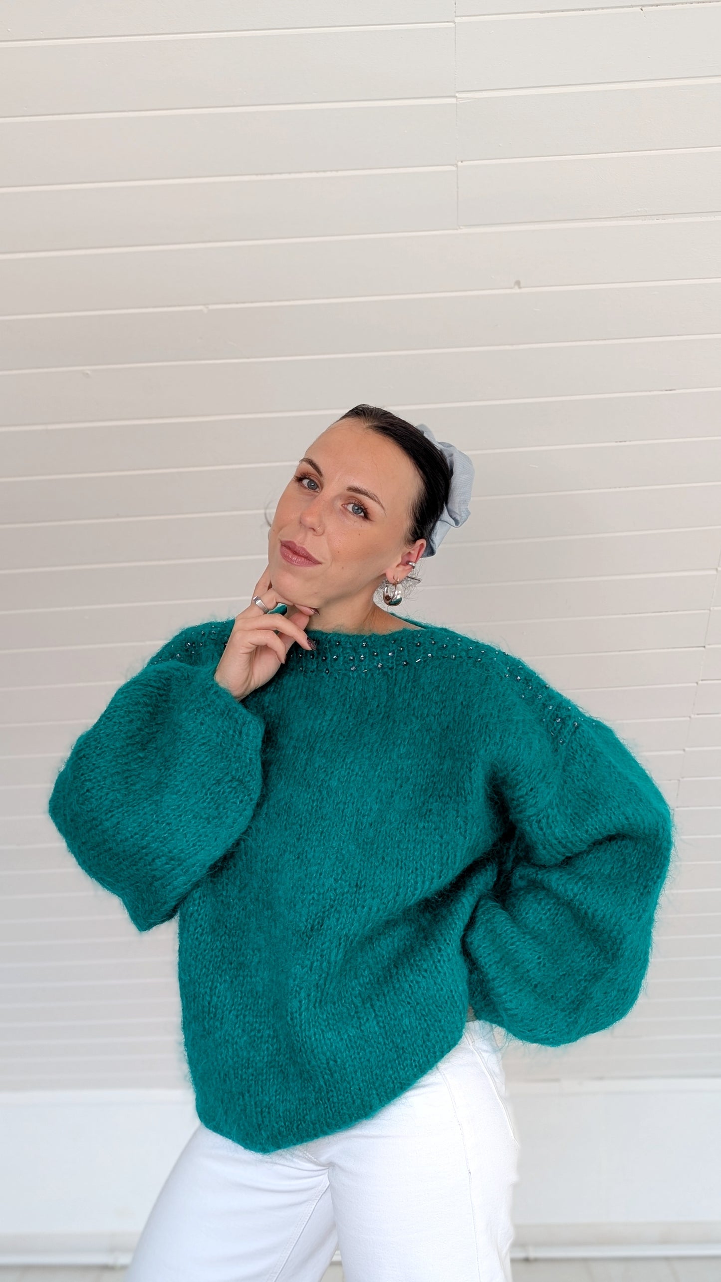 Pull laine et mohair tricoté main jusqu'à un 44