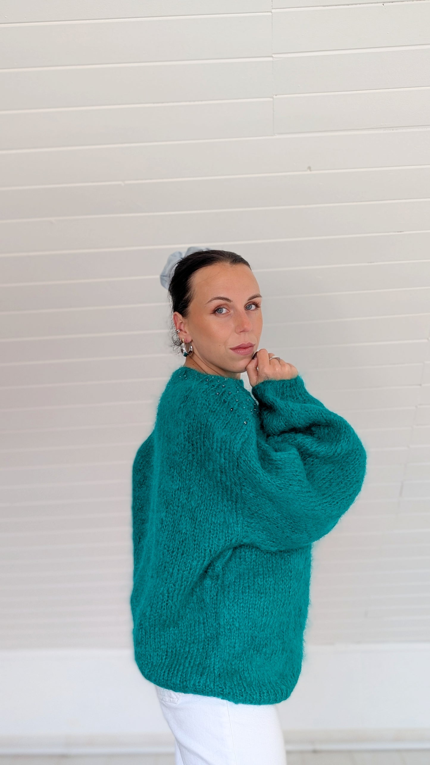 Pull laine et mohair tricoté main jusqu'à un 44