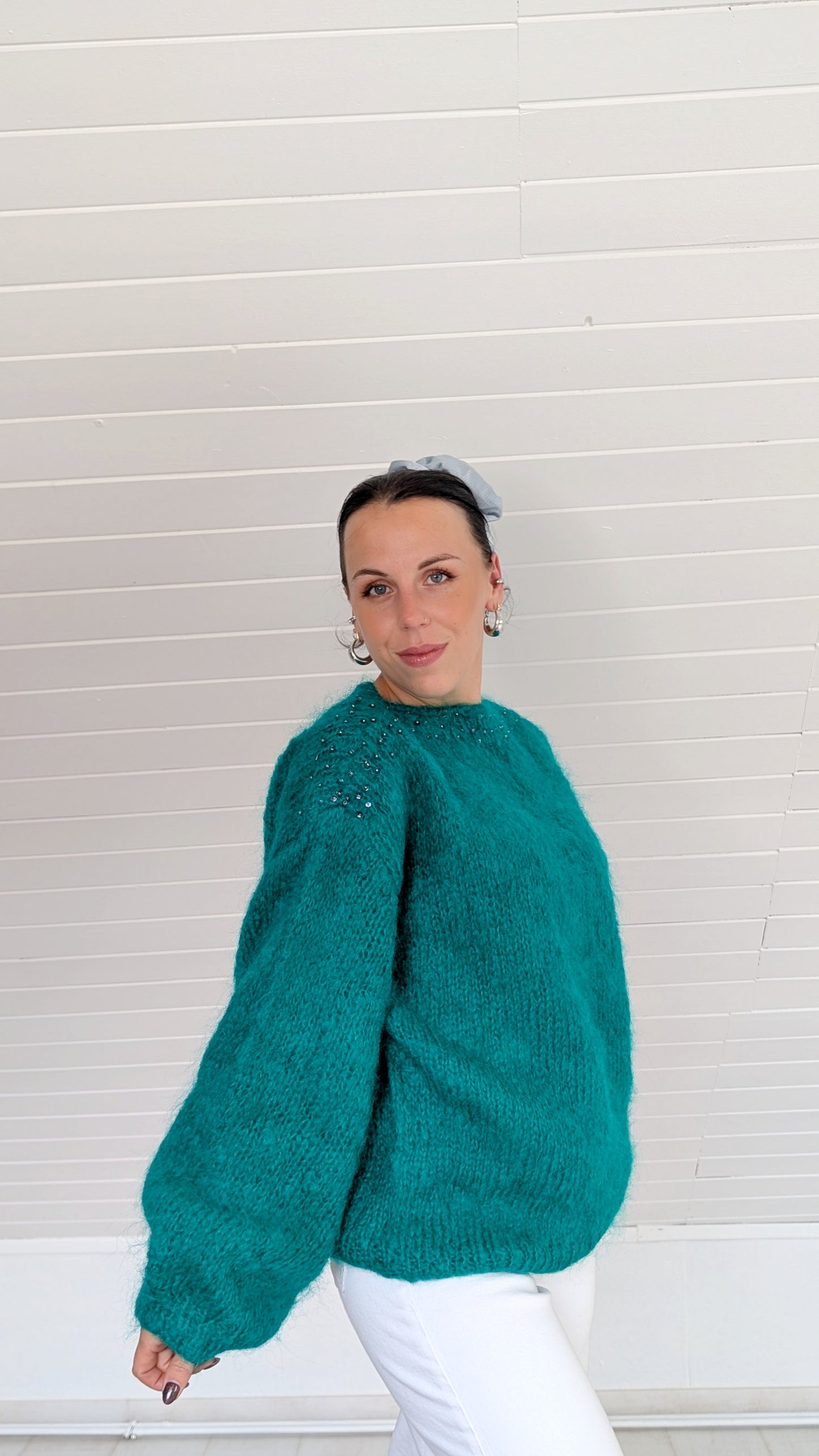 Pull laine et mohair tricoté main jusqu'à un 44