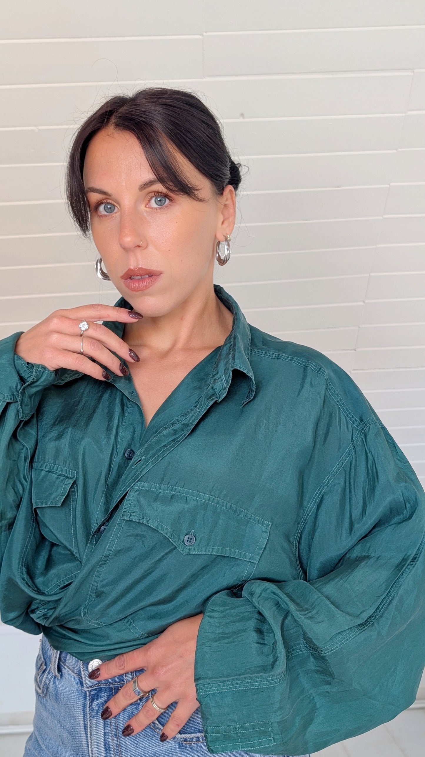 Blouse vert sapin soie 80s jusqu'à un 44