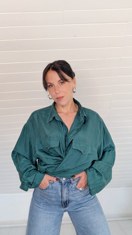 Blouse vert sapin soie 80s jusqu'à un 44