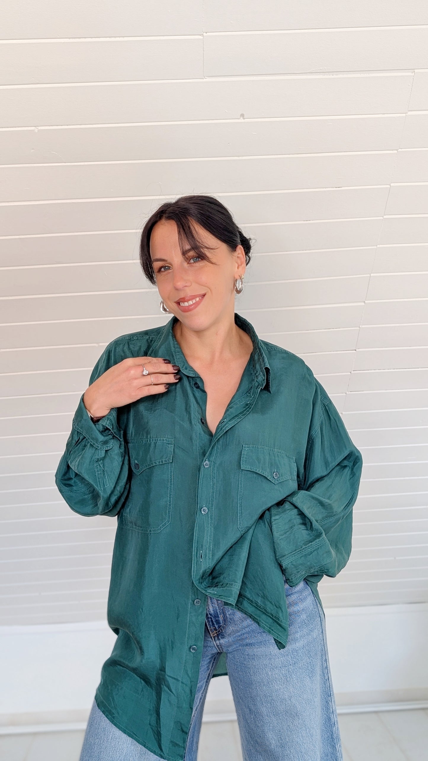 Blouse vert sapin soie 80s jusqu'à un 44
