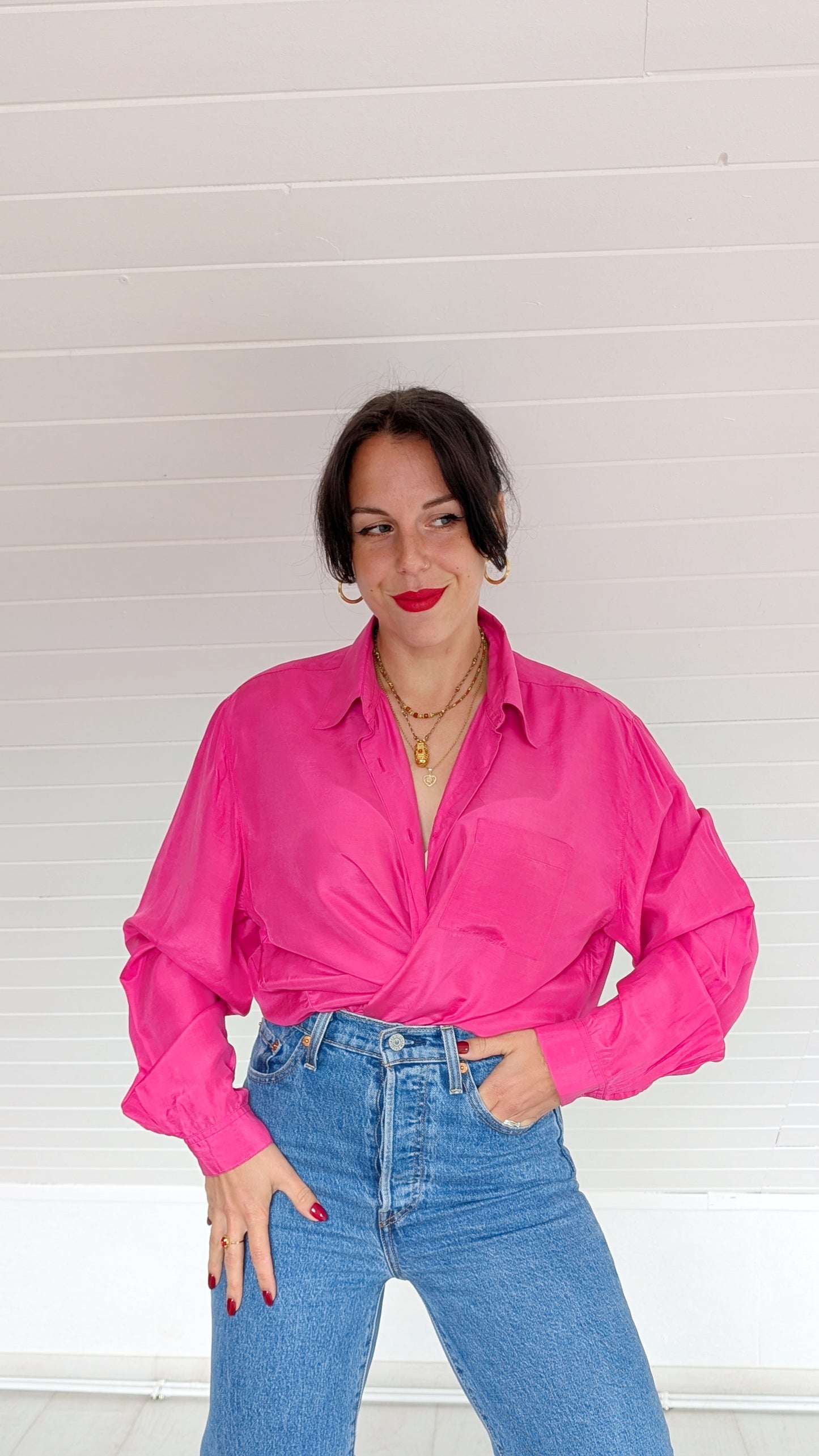 Blouse soie 80s rose fucshia T40-42