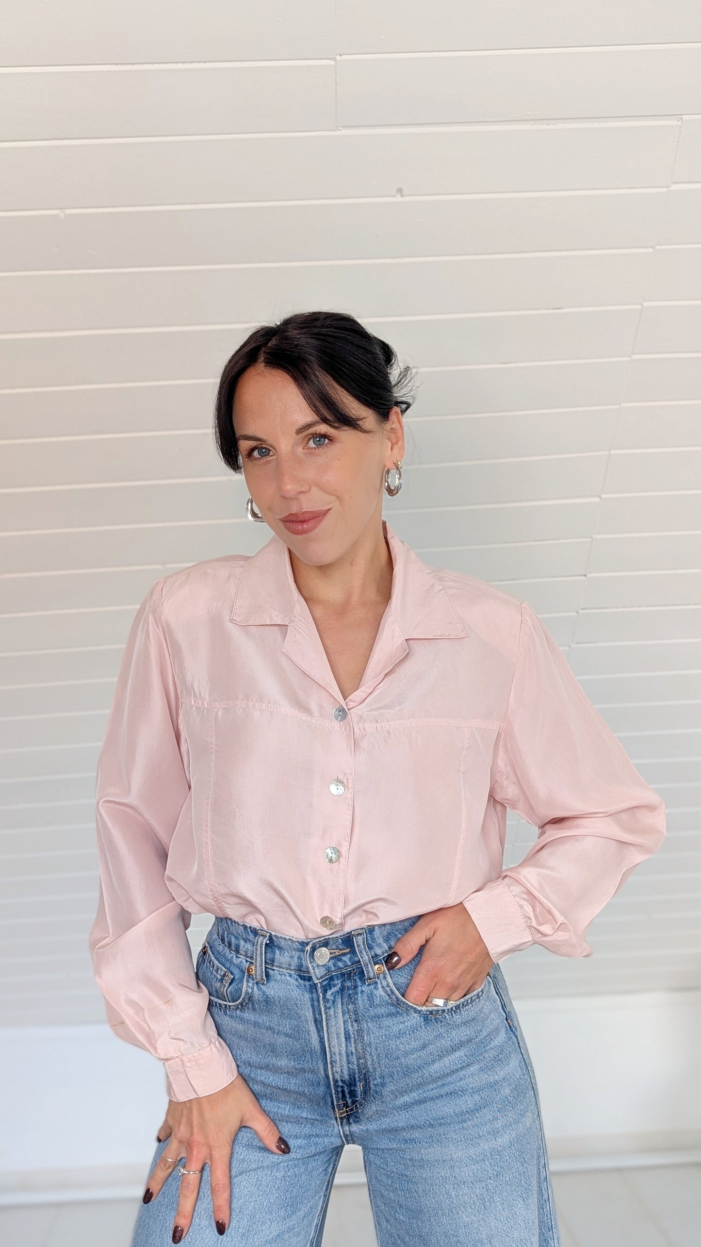 Blouse soie rose pâle 80s T40-42