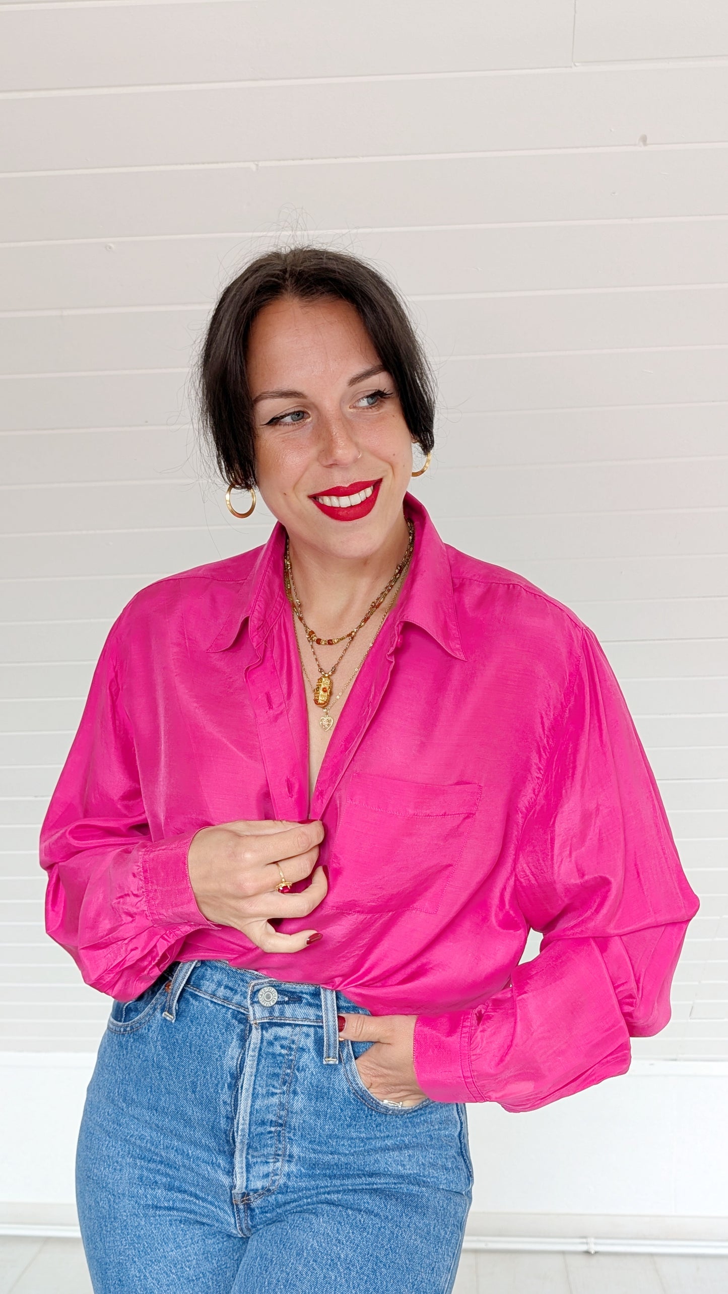 Blouse soie 80s rose fucshia T40-42