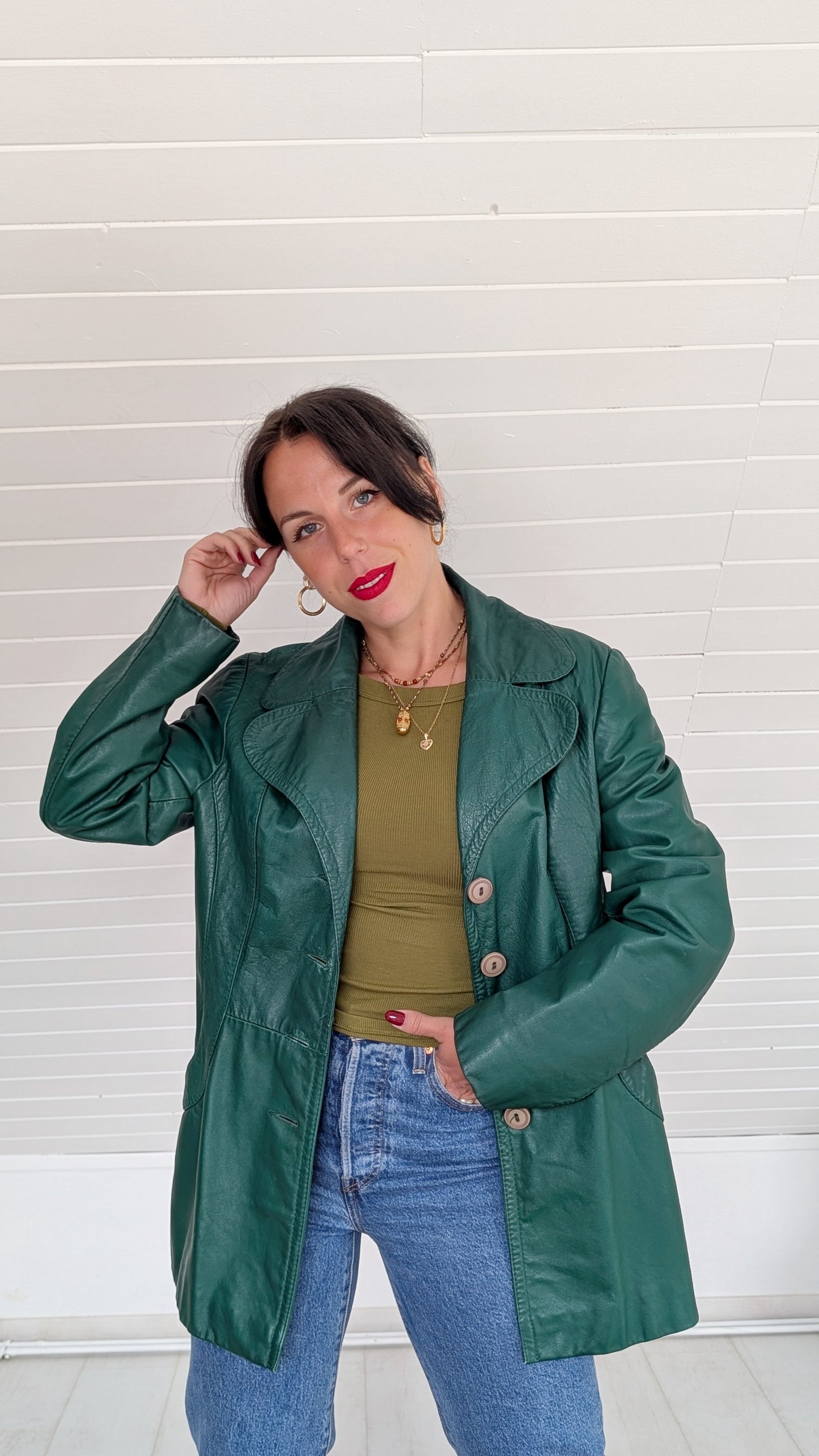 Trench cuir vert sapin 70s T38