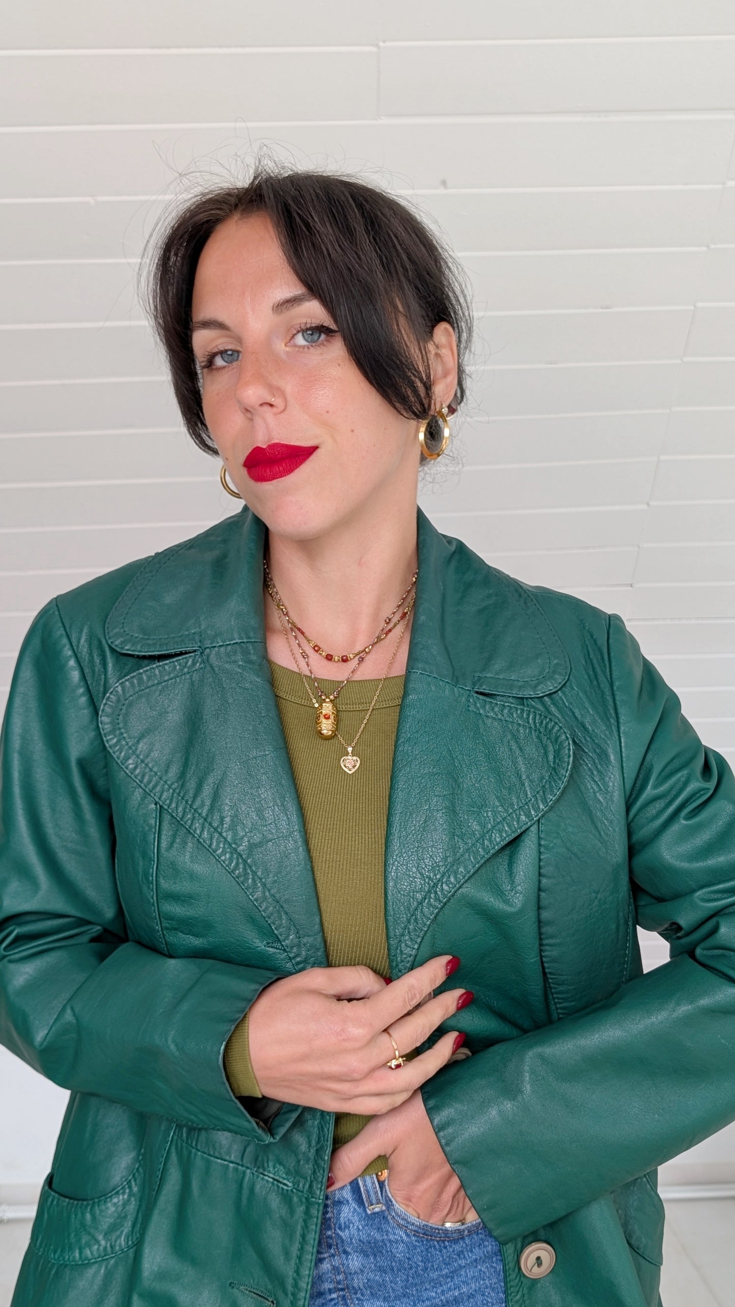 Trench cuir vert sapin 70s T38