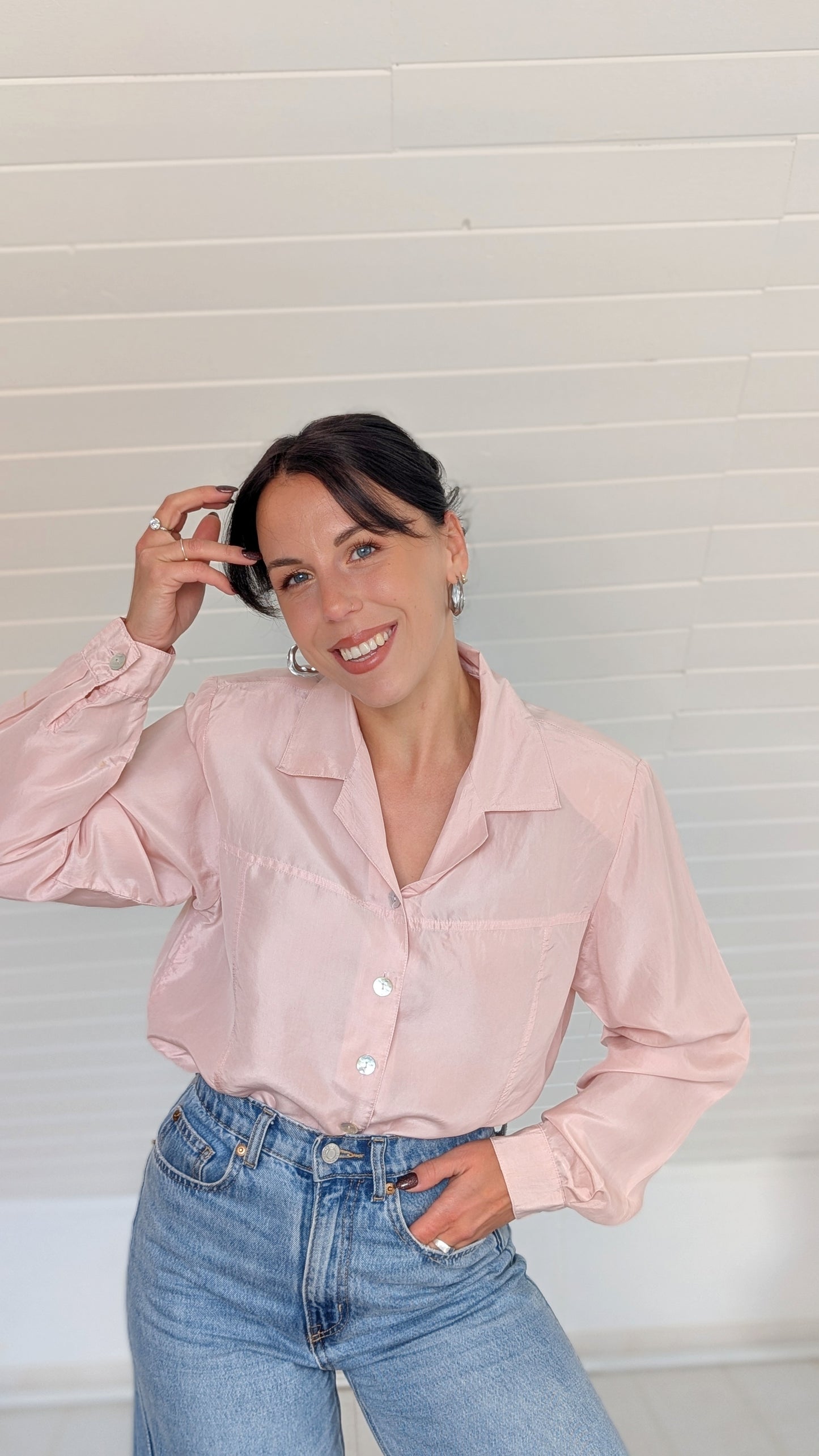 Blouse soie rose pâle 80s T40-42
