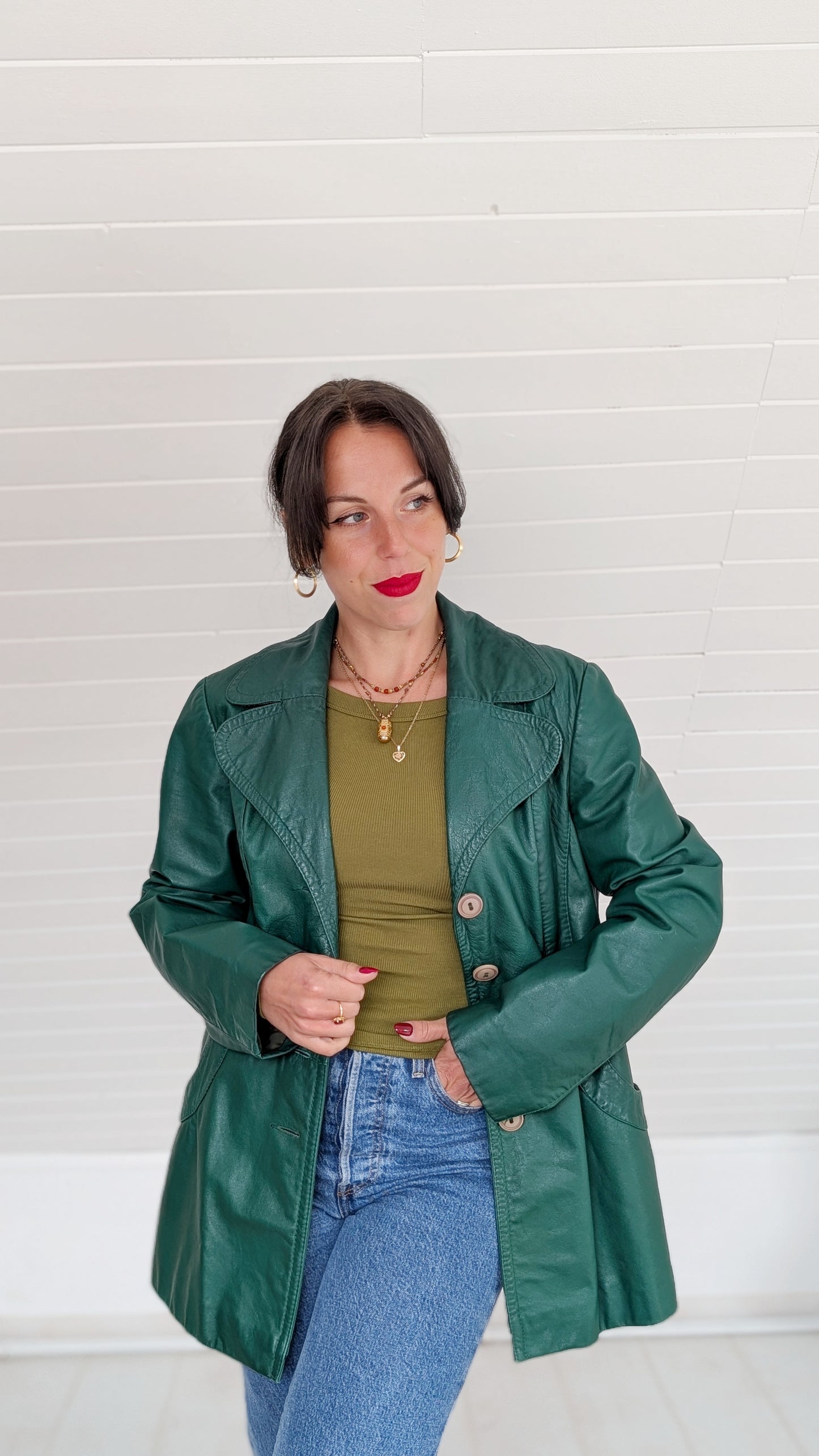 Trench cuir vert sapin 70s T38