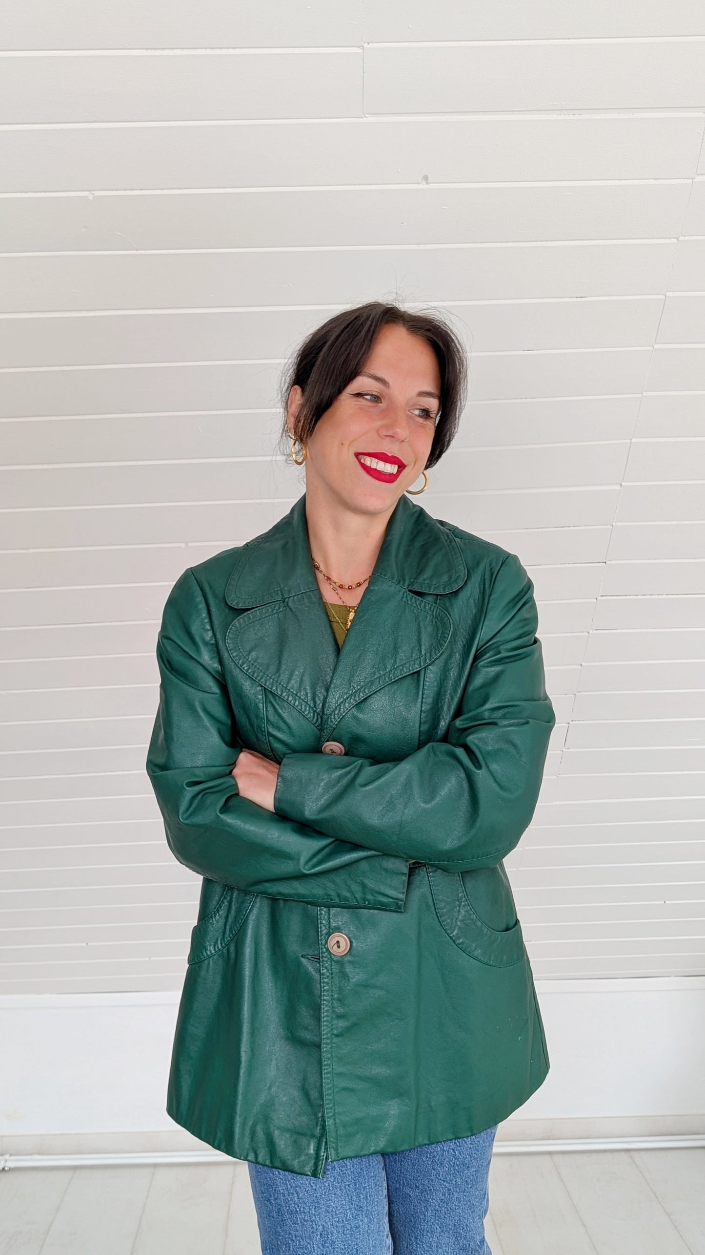 Trench cuir vert sapin 70s T38