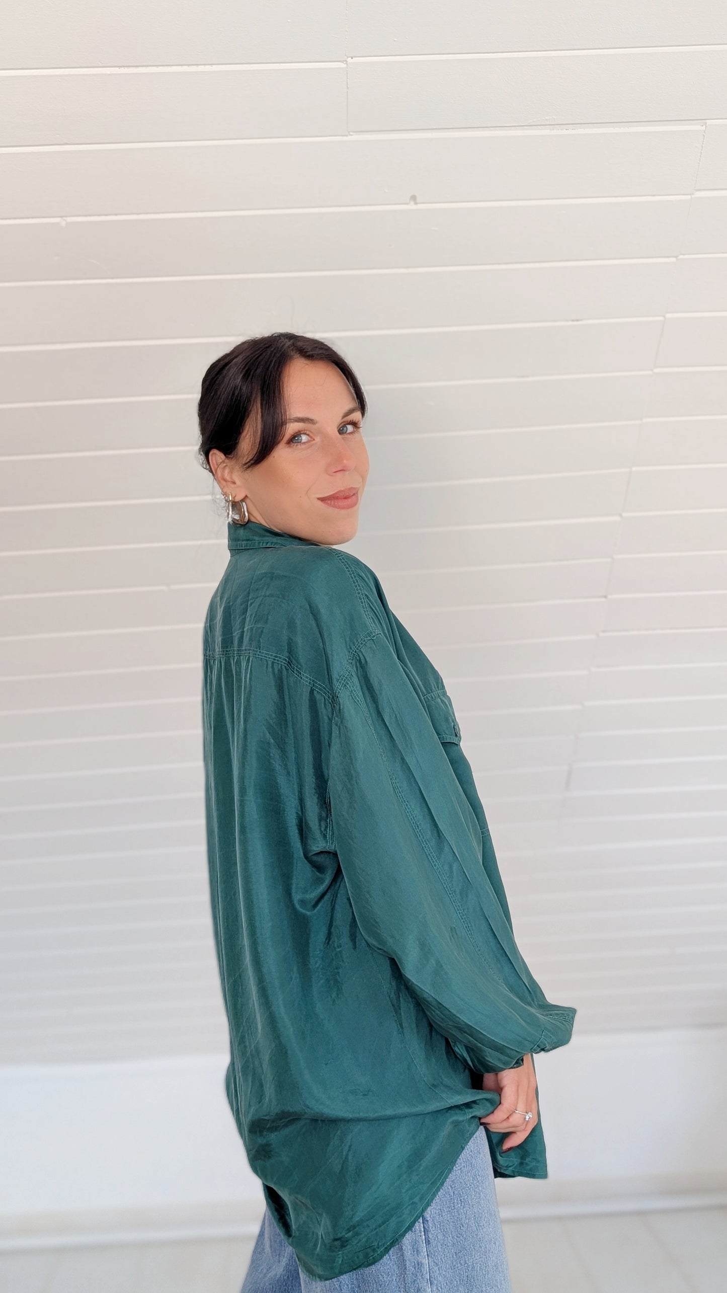 Blouse vert sapin soie 80s jusqu'à un 44