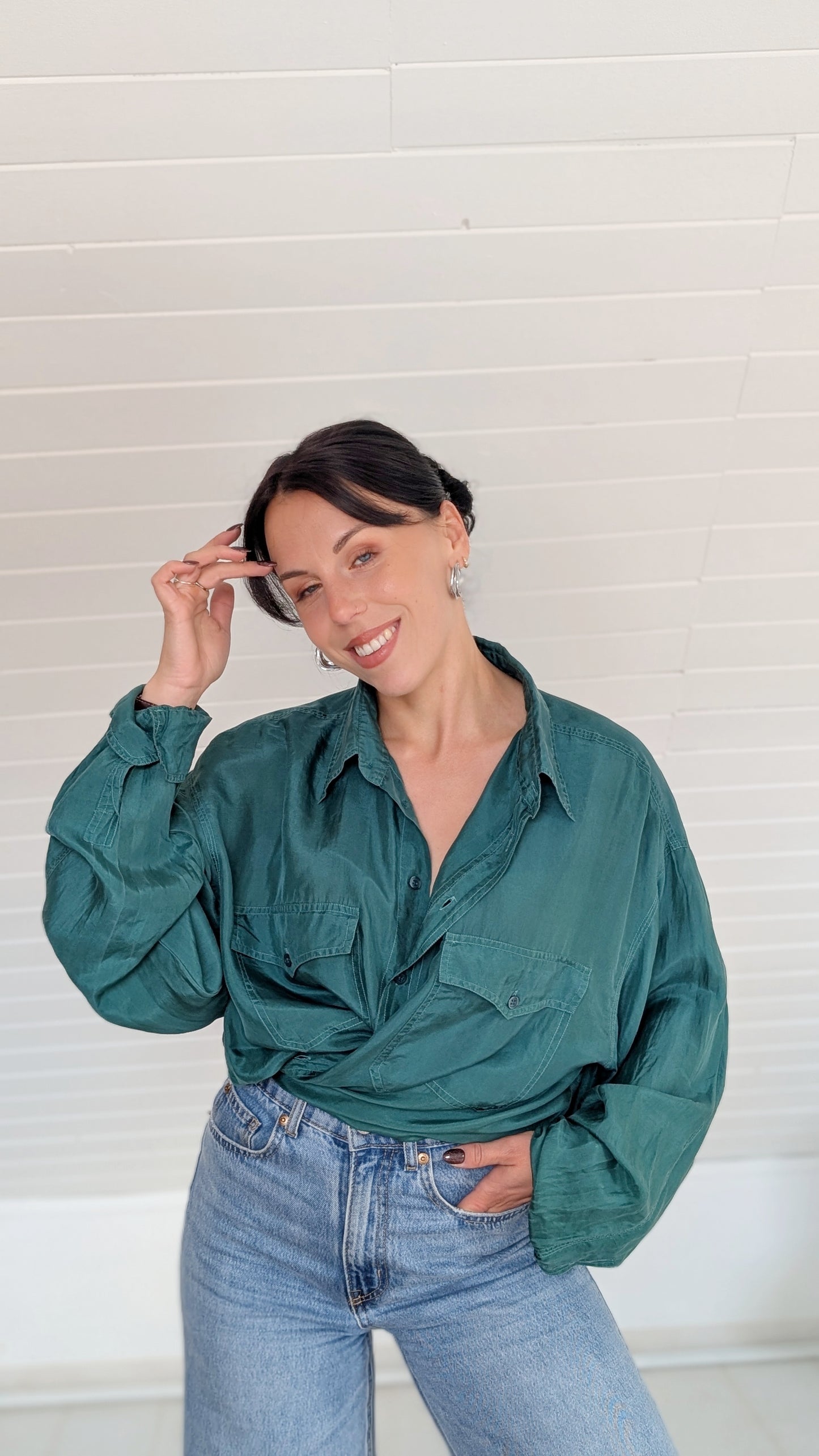 Blouse vert sapin soie 80s jusqu'à un 44