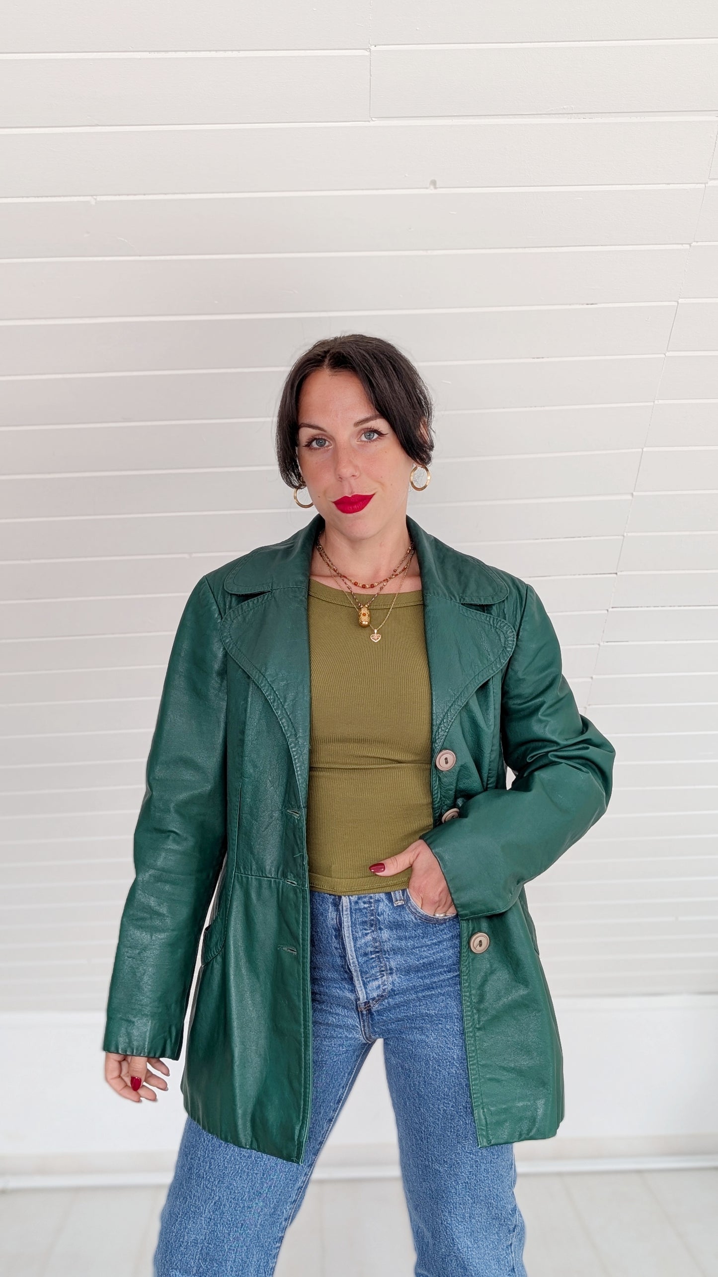 Trench cuir vert sapin 70s T38