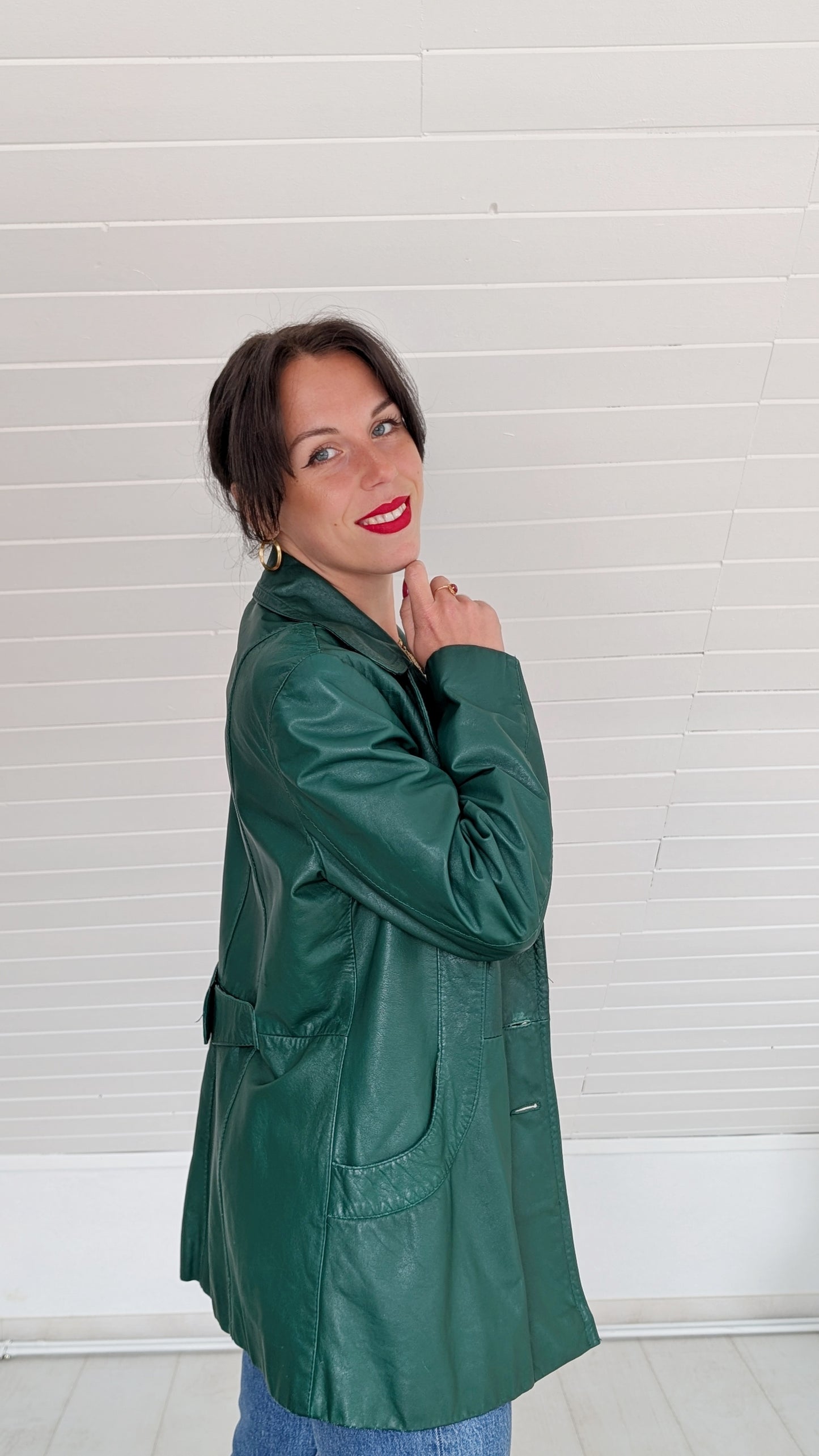 Trench cuir vert sapin 70s T38