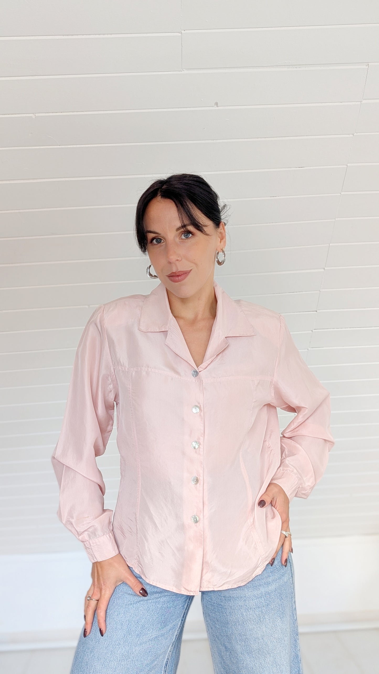 Blouse soie rose pâle 80s T40-42
