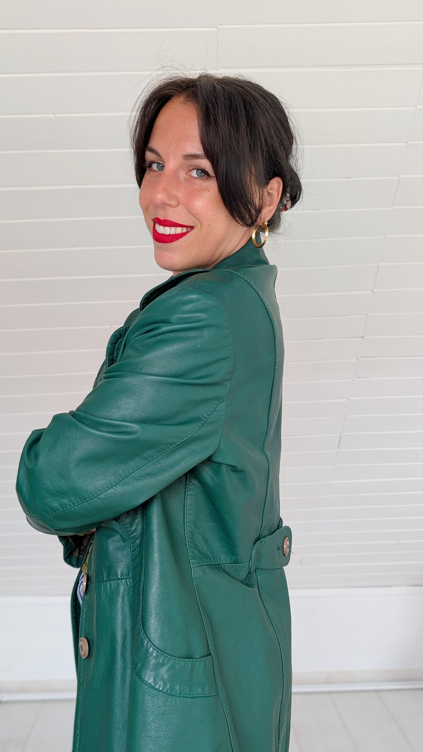 Trench cuir vert sapin 70s T38
